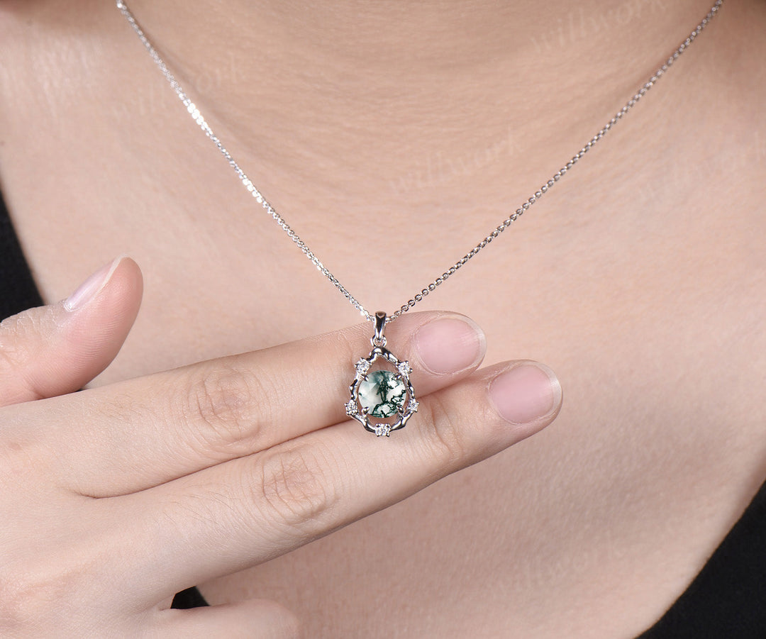 Vintage round cut moss agate necklace white gold branch twig halo diamond pendant women sterling silver mother gift