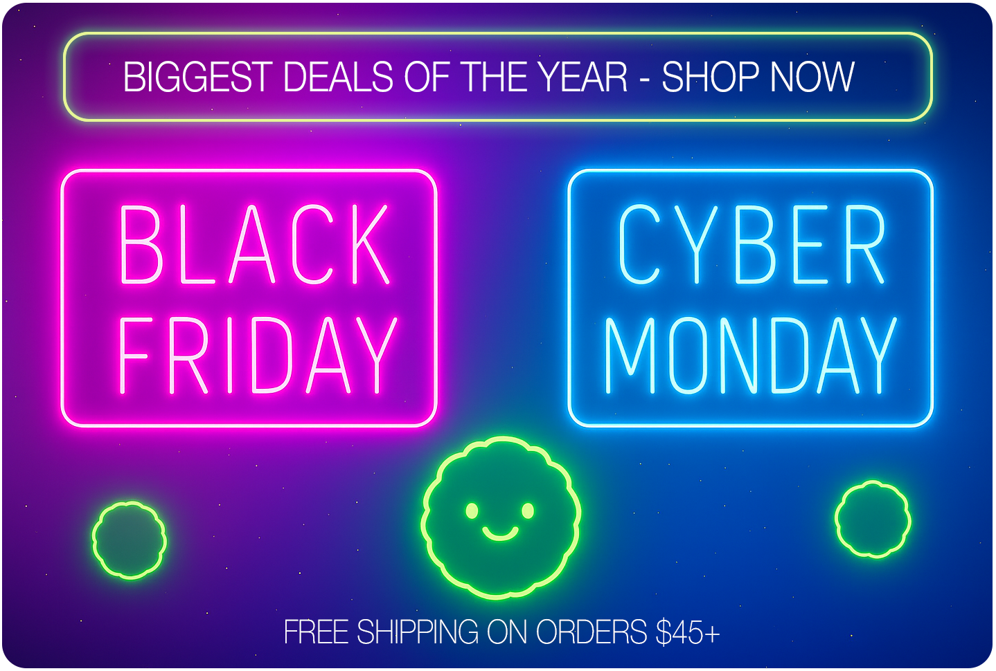 Colorful neon Black Friday and Cyber Monday banner with glowing pink and blue signs and floating neon Moss Ball Pets, highlighting holiday sales, unique gift ideas, and special BFCM deals from Moss Ball Pets.