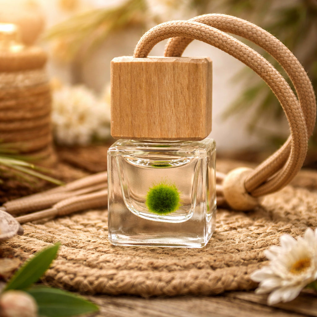 Small glass terrarium bottle with a wooden top, suspended by a shoelace cord, designed for displaying Moss Ball Pet Babies.