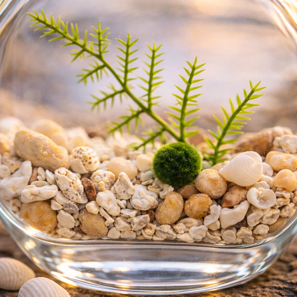 Close-up of nano marimo moss ball terrarium with pebbles and shells inside round glass bottle