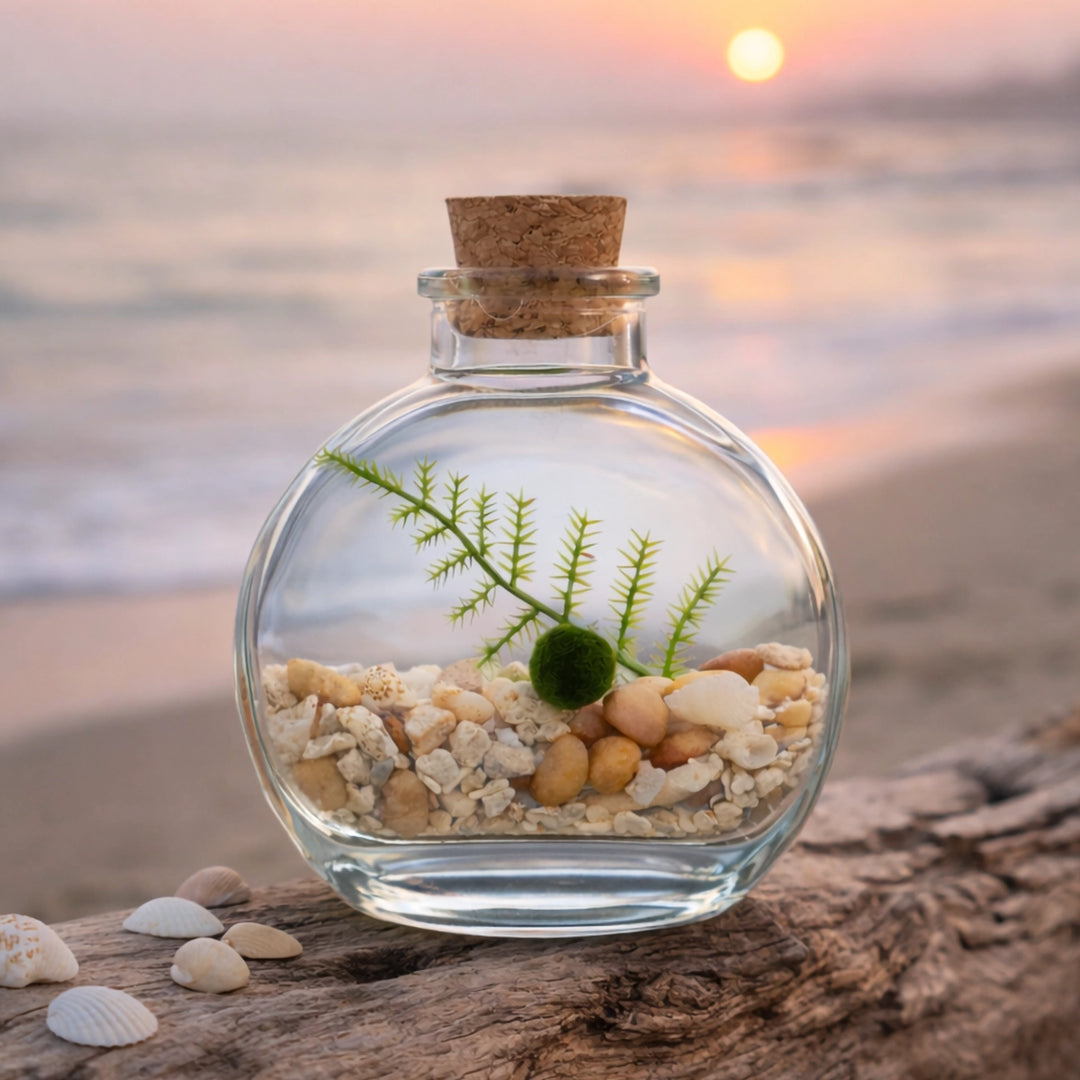 Marimo moss ball terrarium in round glass bottle with pebbles and shells on driftwood beach at sunset
