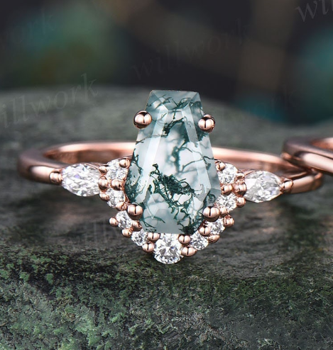 Vintage Coffin shaped green moss agate engagement ring 14k rose gold silver art deco diamond promise anniversary wedding ring set women gift