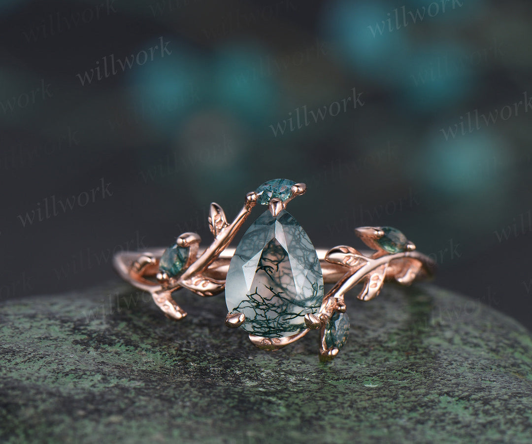 Vintage pear cut green moss agate engagement ring rose gold art deco cluster leaf nature inspired bridal promise wedding ring set women