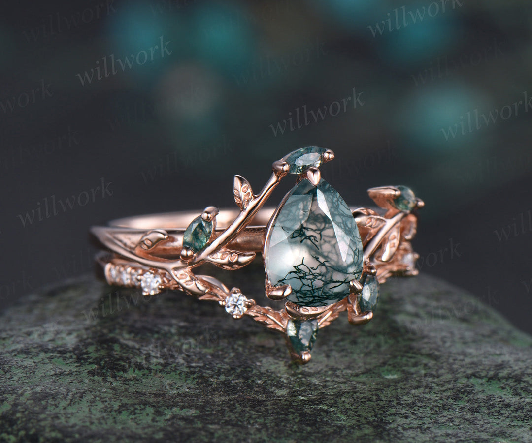 Vintage pear cut green moss agate engagement ring rose gold art deco cluster leaf nature inspired bridal promise wedding ring set women