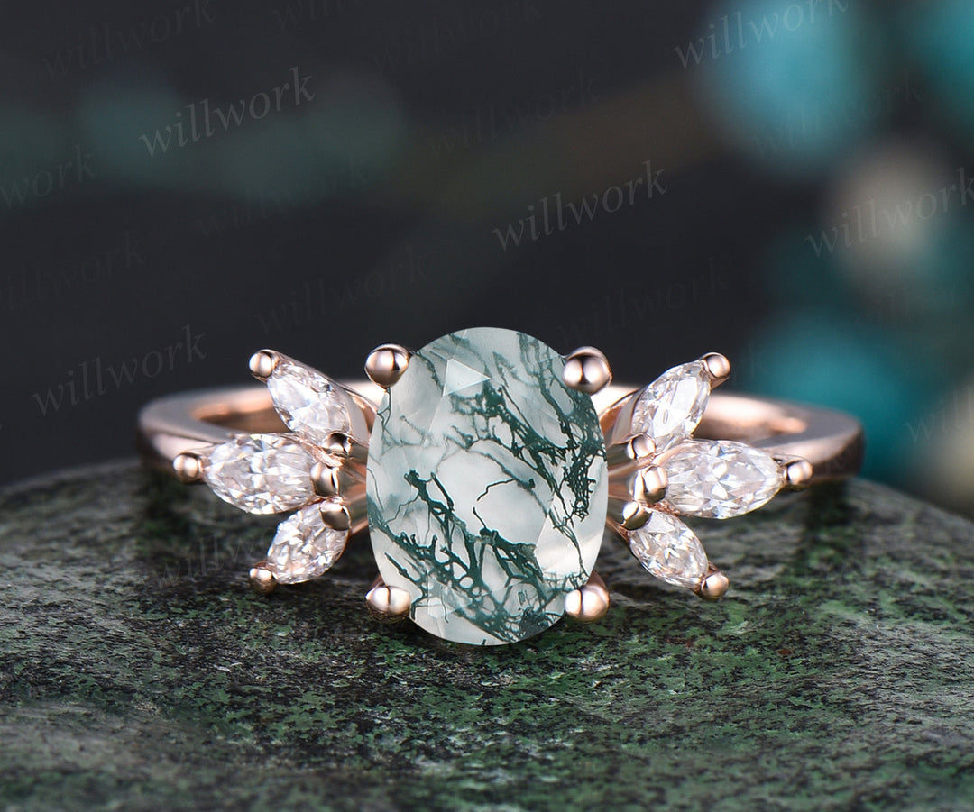 Unique Oval Cut Natural Green Moss Agate Engagement Ring Set 14k Rose Gold Seven Stone Green Gemstone Moissanite Cluster 2pcs Bridal Ring Set