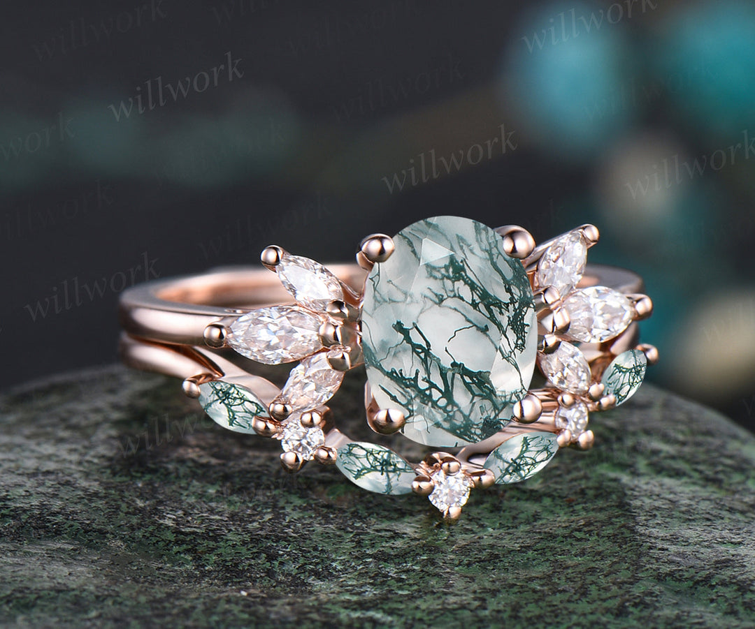 Unique Oval Cut Natural Green Moss Agate Engagement Ring Set 14k Rose Gold Seven Stone Green Gemstone Moissanite Cluster 2pcs Bridal Ring Set