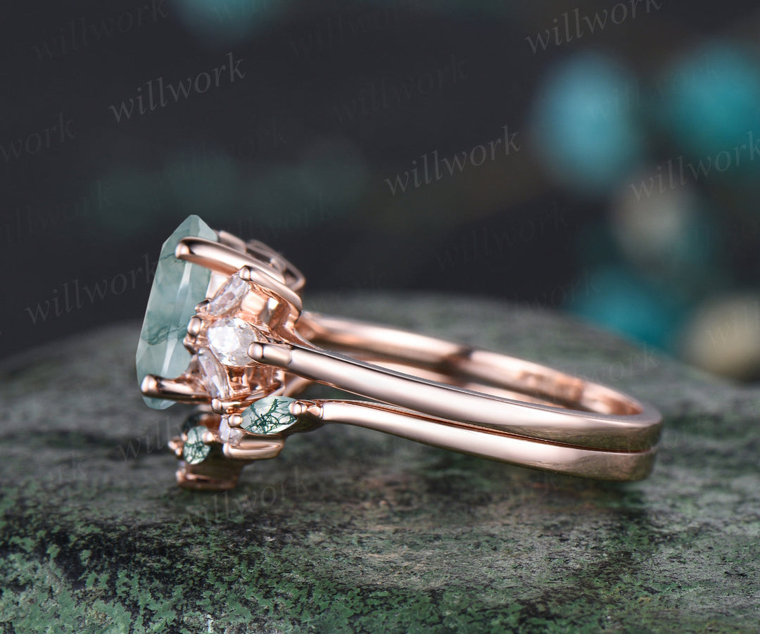 Unique Oval Cut Natural Green Moss Agate Engagement Ring Set 14k Rose Gold Seven Stone Green Gemstone Moissanite Cluster 2pcs Bridal Ring Set