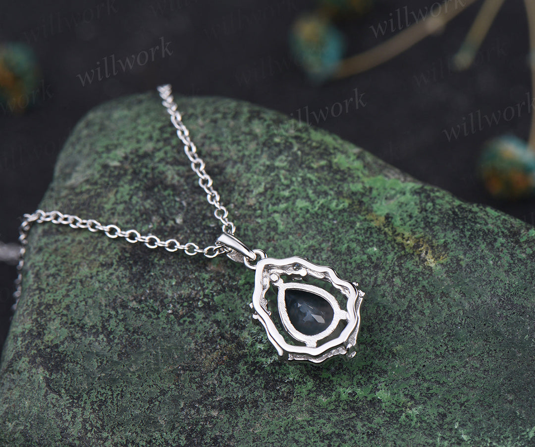 Vintage teardrop moss agate pendant necklace art deco moissanite diamonds halo pendant sterling silver necklace for women mother gifts