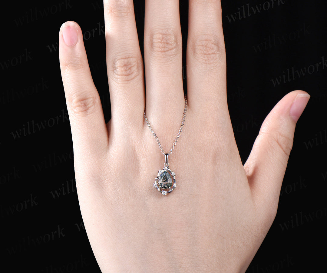 Vintage teardrop moss agate pendant necklace art deco moissanite diamonds halo pendant sterling silver necklace for women mother gifts