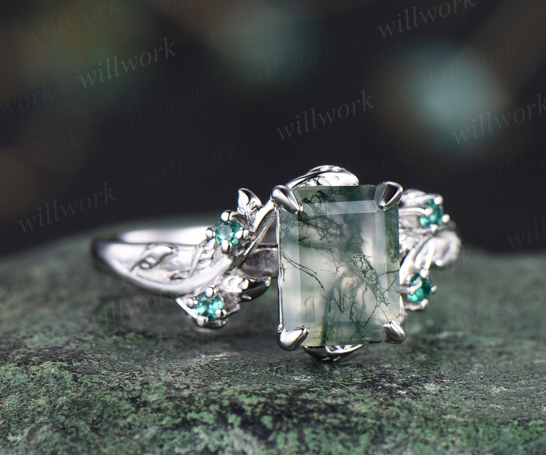 Green moss agate engagement ring unique emerald cut moss agate emerald wedding ring nature inspired leaf promise ring women gifts