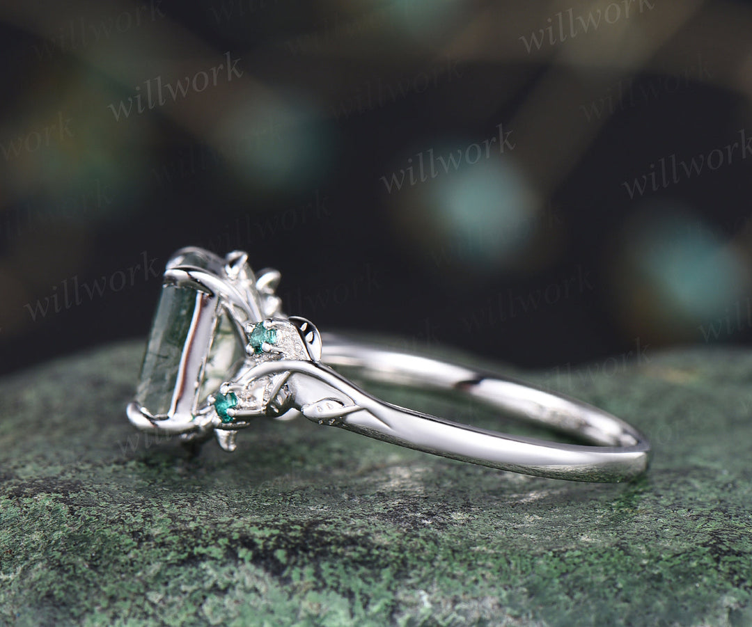 Green moss agate engagement ring unique emerald cut moss agate emerald wedding ring nature inspired leaf promise ring women gifts