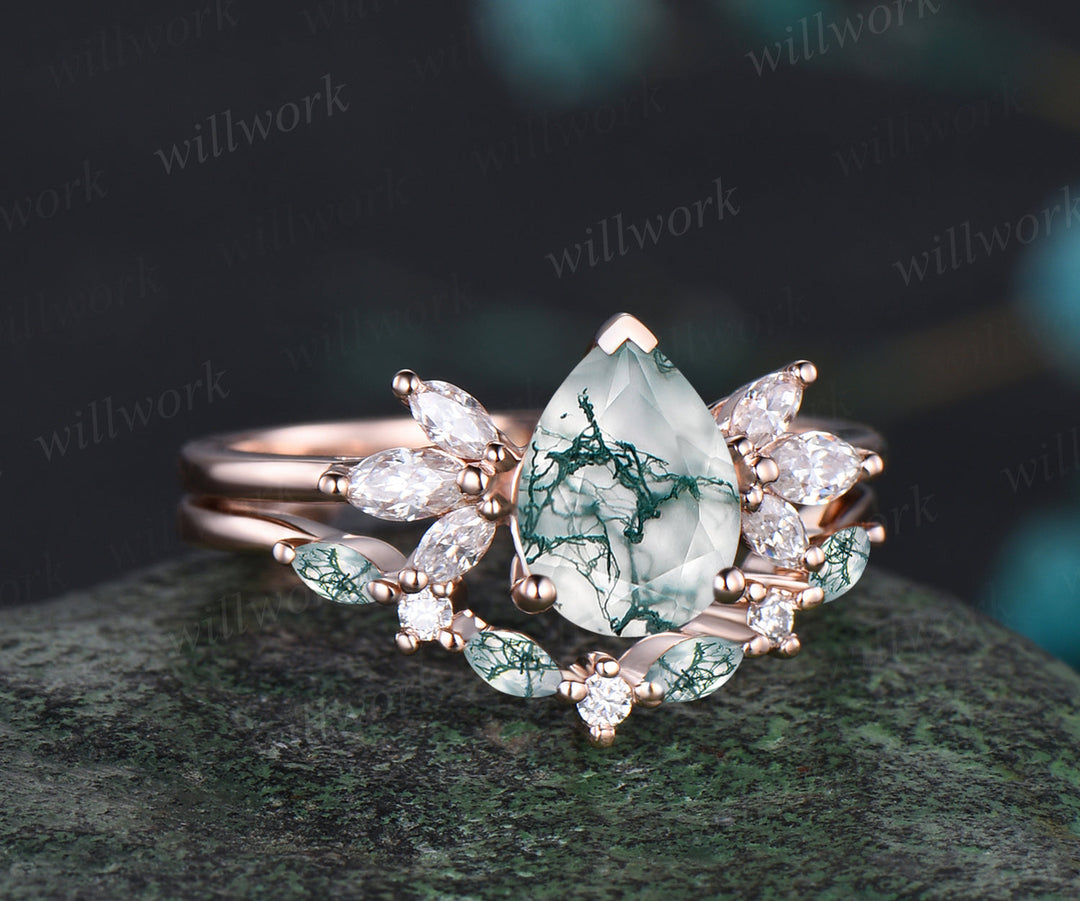 Pear Cut Natural Green Moss Agate Engagement Ring Set Moissanite Cluster Seven Stone Ring 14k Rose Gold Green Gemstone 2pcs Bridal Ring Set