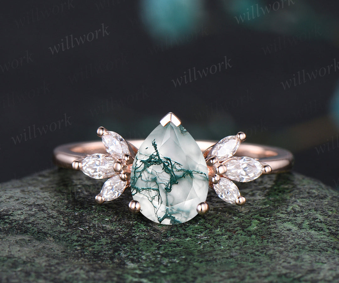 Pear Cut Natural Green Moss Agate Engagement Ring Set Moissanite Cluster Seven Stone Ring 14k Rose Gold Green Gemstone 2pcs Bridal Ring Set