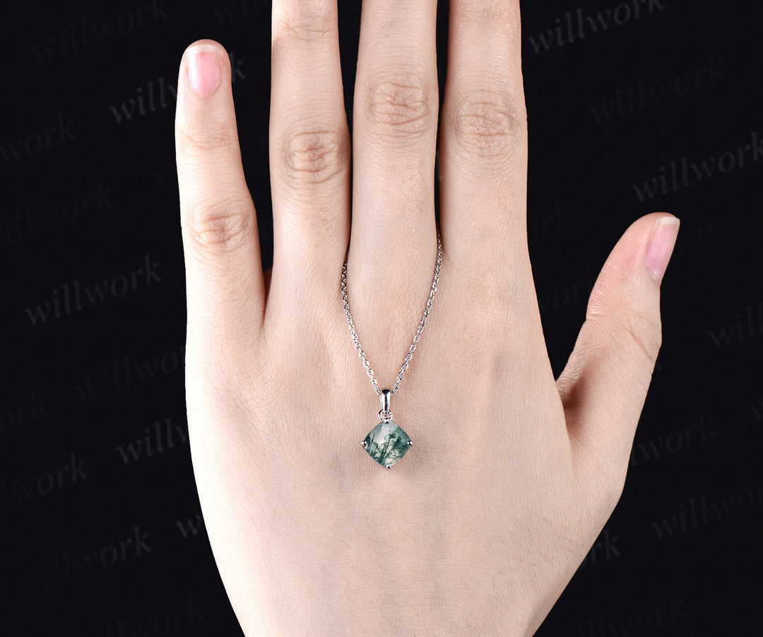 Cushion cut Natural Green Moss Agate Necklace solid 14k white gold square cut Solitaire Pendant Minimalist anniversary gift