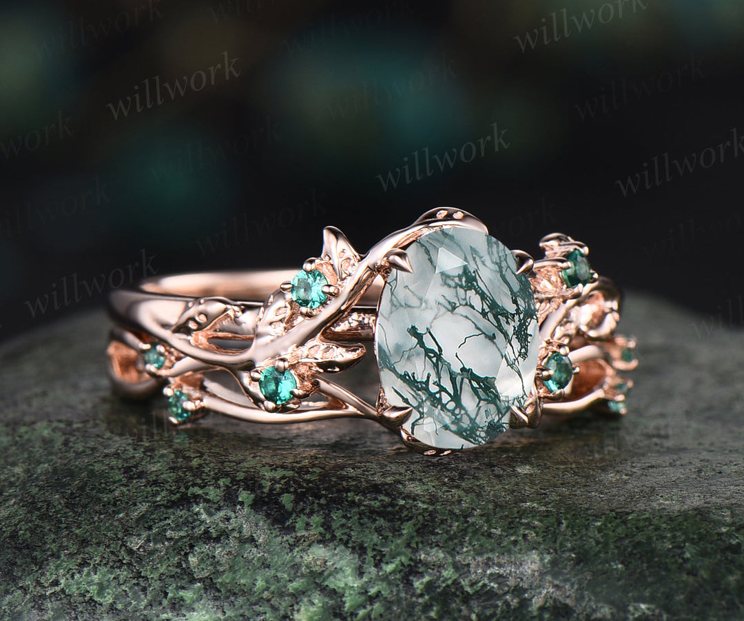 6x8mm oval cut natural moss agate nature inspired engagement ring set 14k rose gold twig leaf ring art deco emerald wedding band bridal set jewelry gifts