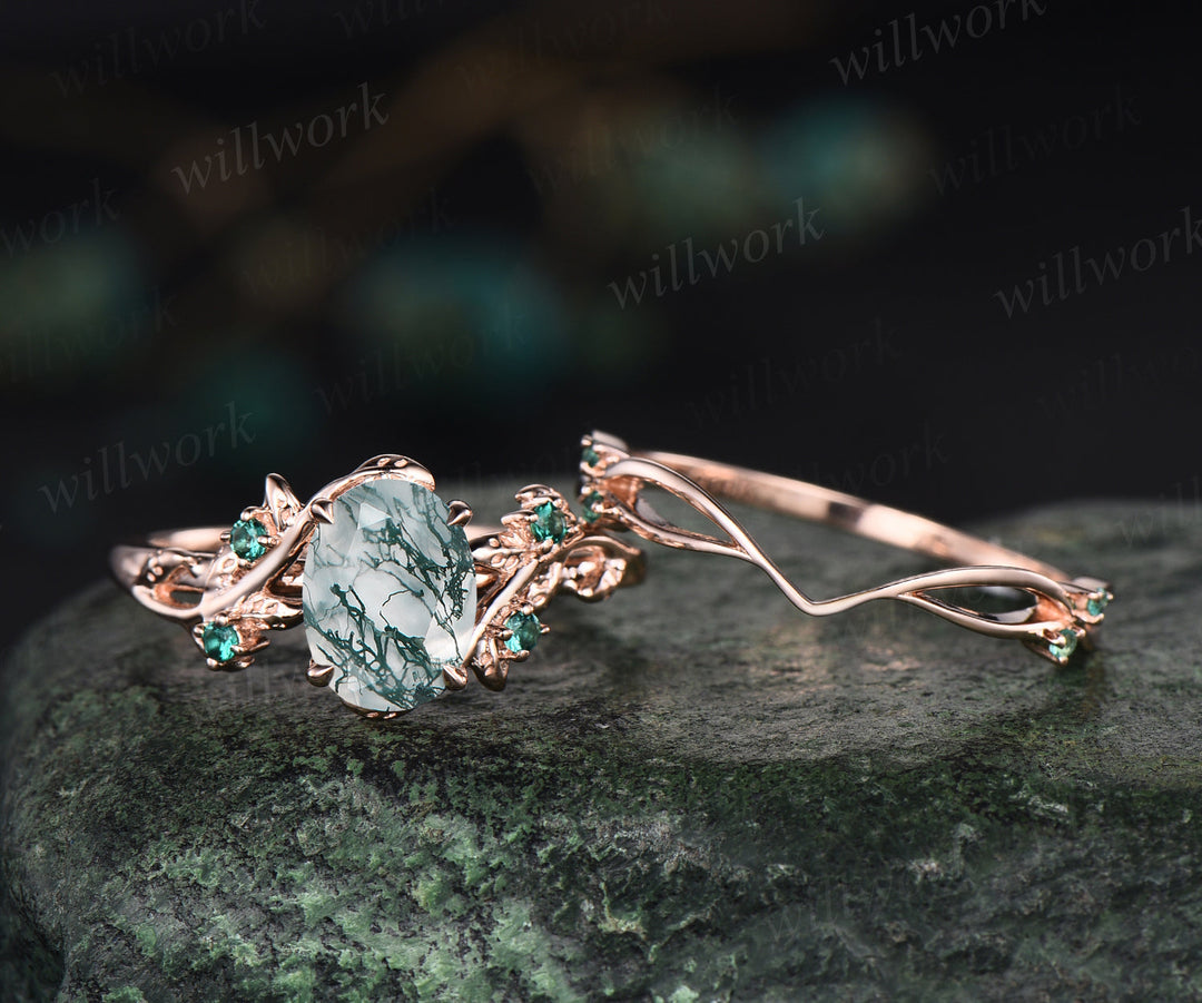 6x8mm oval cut natural moss agate nature inspired engagement ring set 14k rose gold twig leaf ring art deco emerald wedding band bridal set jewelry gifts