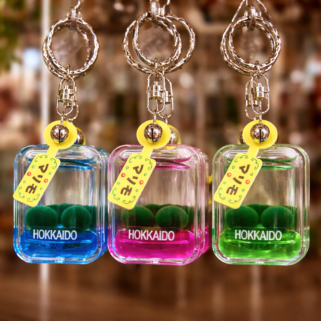Marimo moss ball keychain trio in blue, pink, and green displayed on a souvenir rack in Lake Akan Hokkaido Japan