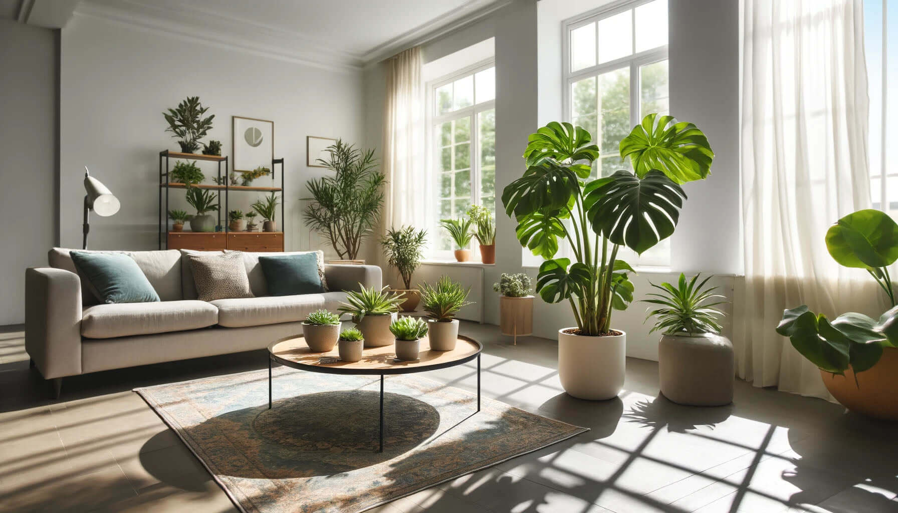 Sunlit living room with a variety of house plants, including a large Monstera, enhancing a peaceful home decor