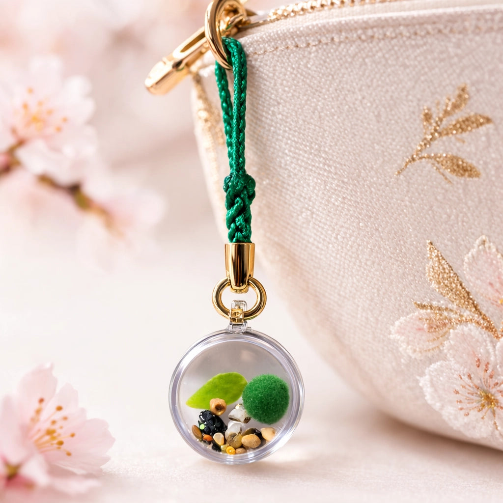 Japanese marimo moss ball capsule keychain charm hanging from purse zipper collectible from Japan