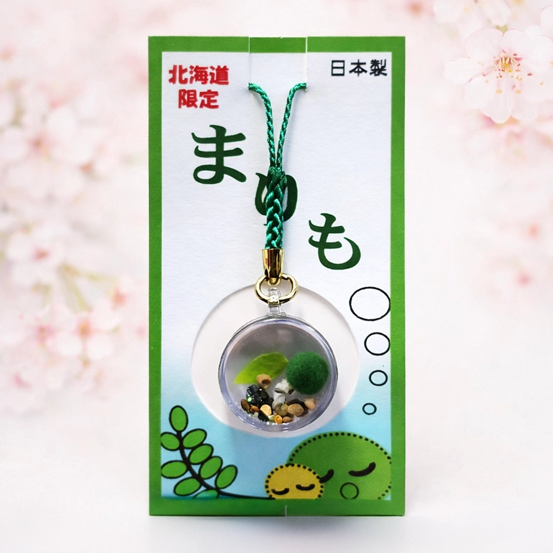 Japanese marimo moss ball capsule keychain in Hokkaido souvenir packaging with miniature faux moss terrarium charm