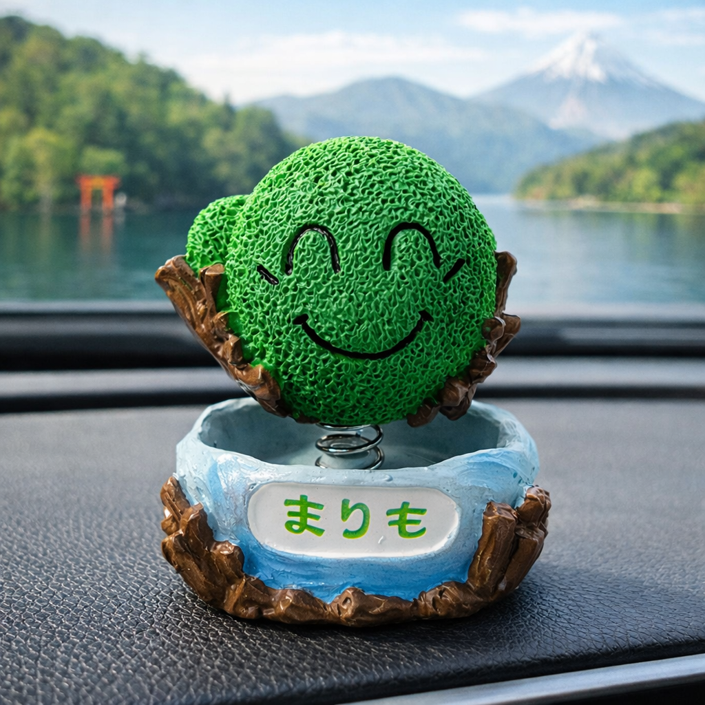 Japanese Marimo Bobble-Head Figurine smiling green moss character dashboard ornament with Japanese lake scenery background
