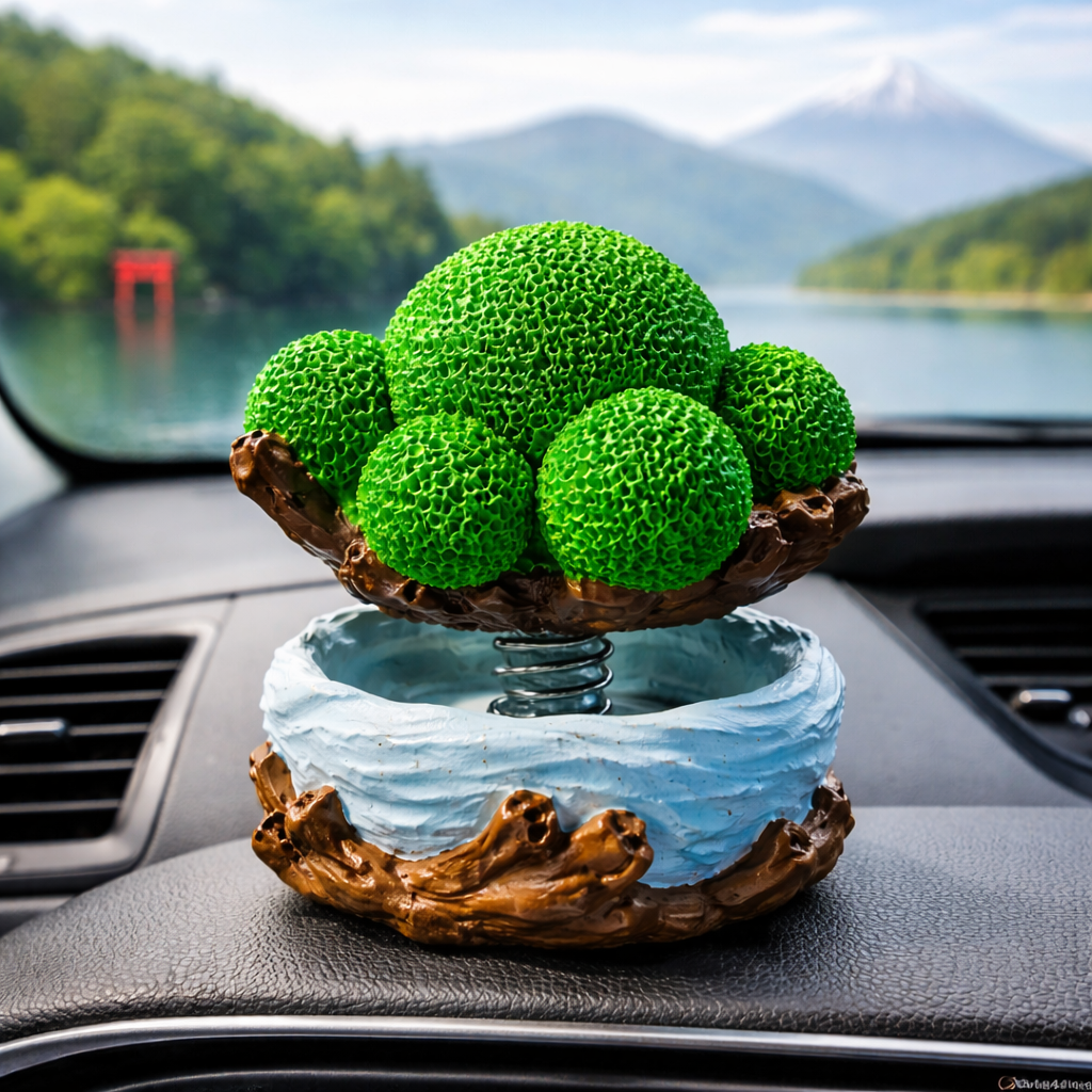 Japanese Marimo Bobble-Head Figurine rear view on car dashboard with scenic Japanese lake outside