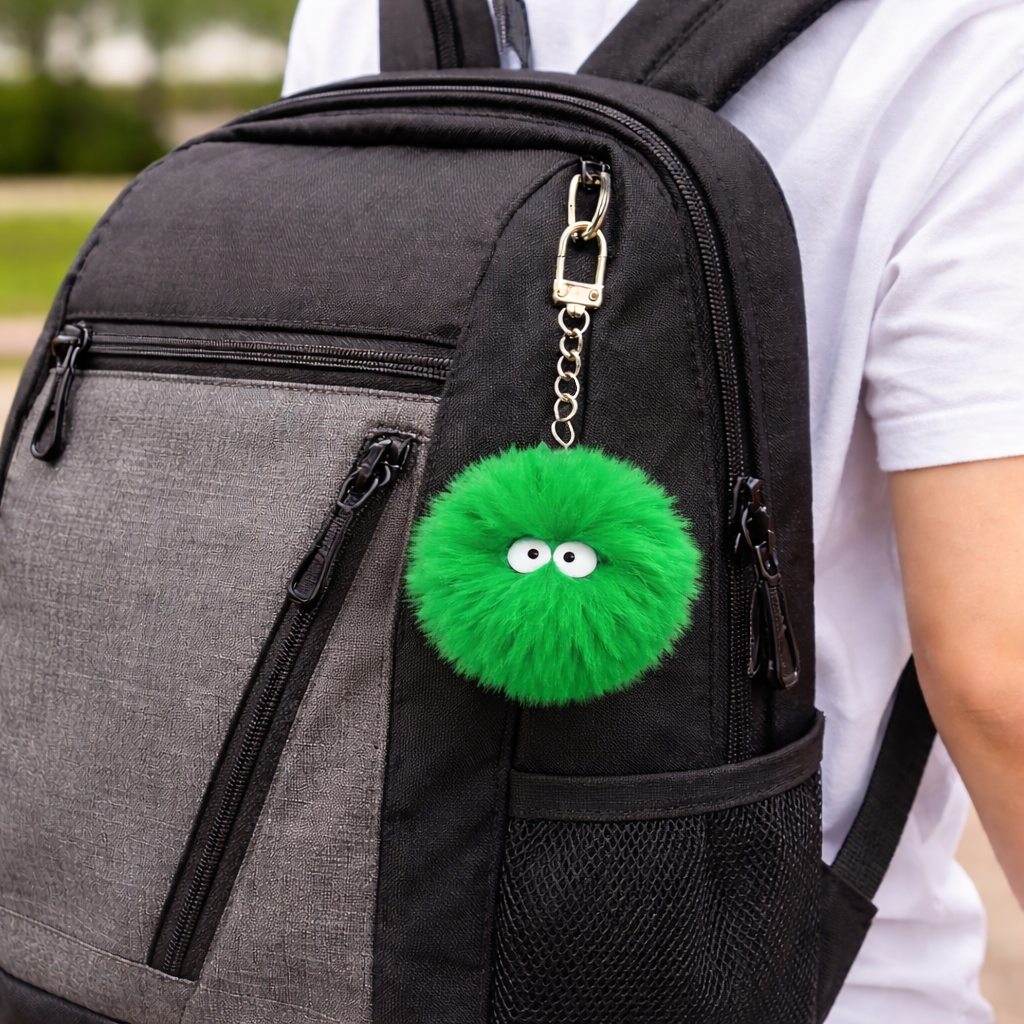 Green pom pom moss ball keychain on modern black backpack, cute bag charm accessory.