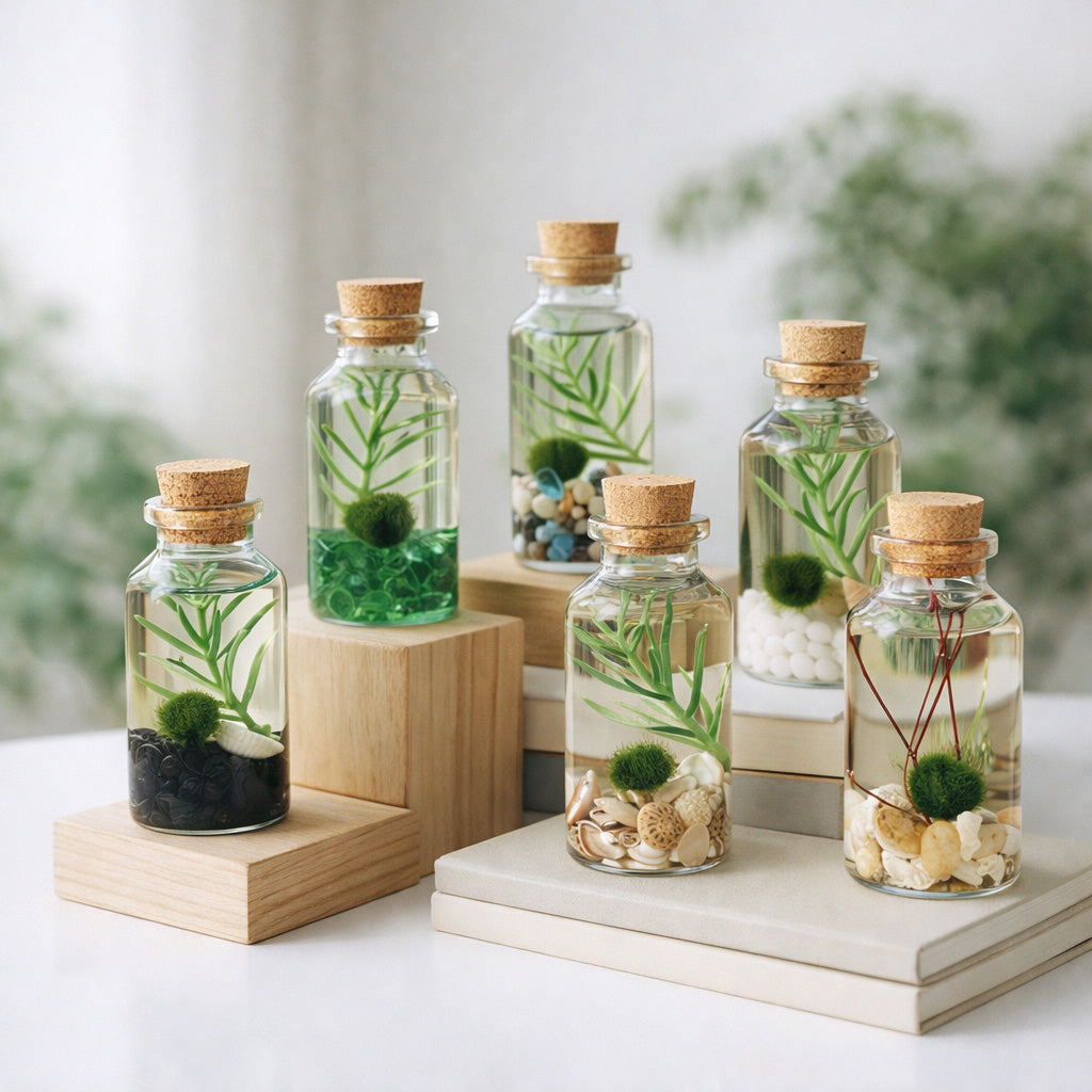 Set of six small glass alchemist bottle terrariums displayed together, each featuring a baby Marimo Moss Ball Pet and varied glass gems, against a scenic backdrop.