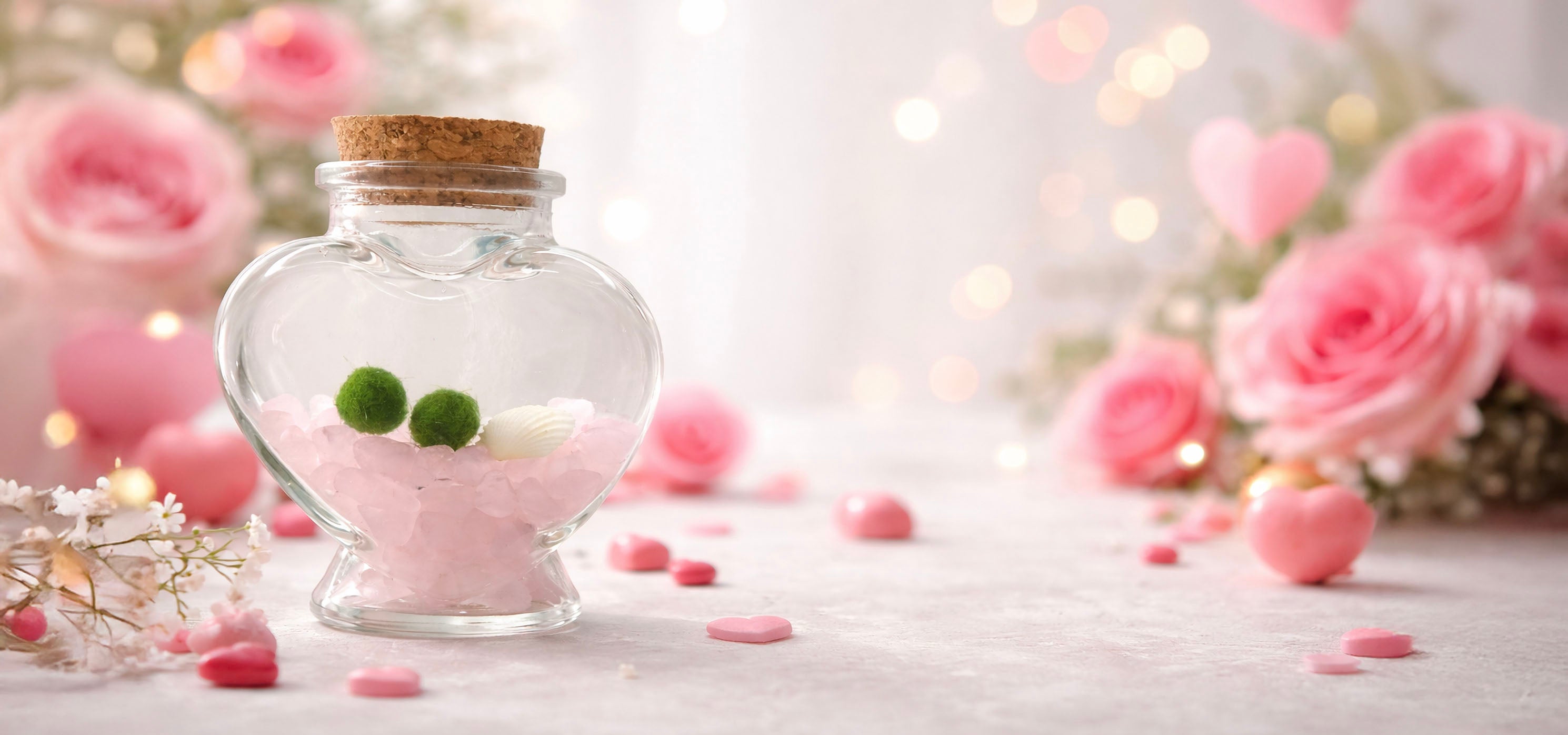 Heart-shaped moss ball pet terrarium with pink crystals and marimo moss balls, Valentine’s Day gift decor on soft romantic background