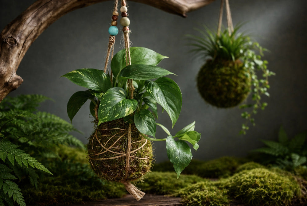 Mossy Buddy kokedama moss ball plant hanging with green pothos leaves in natural display