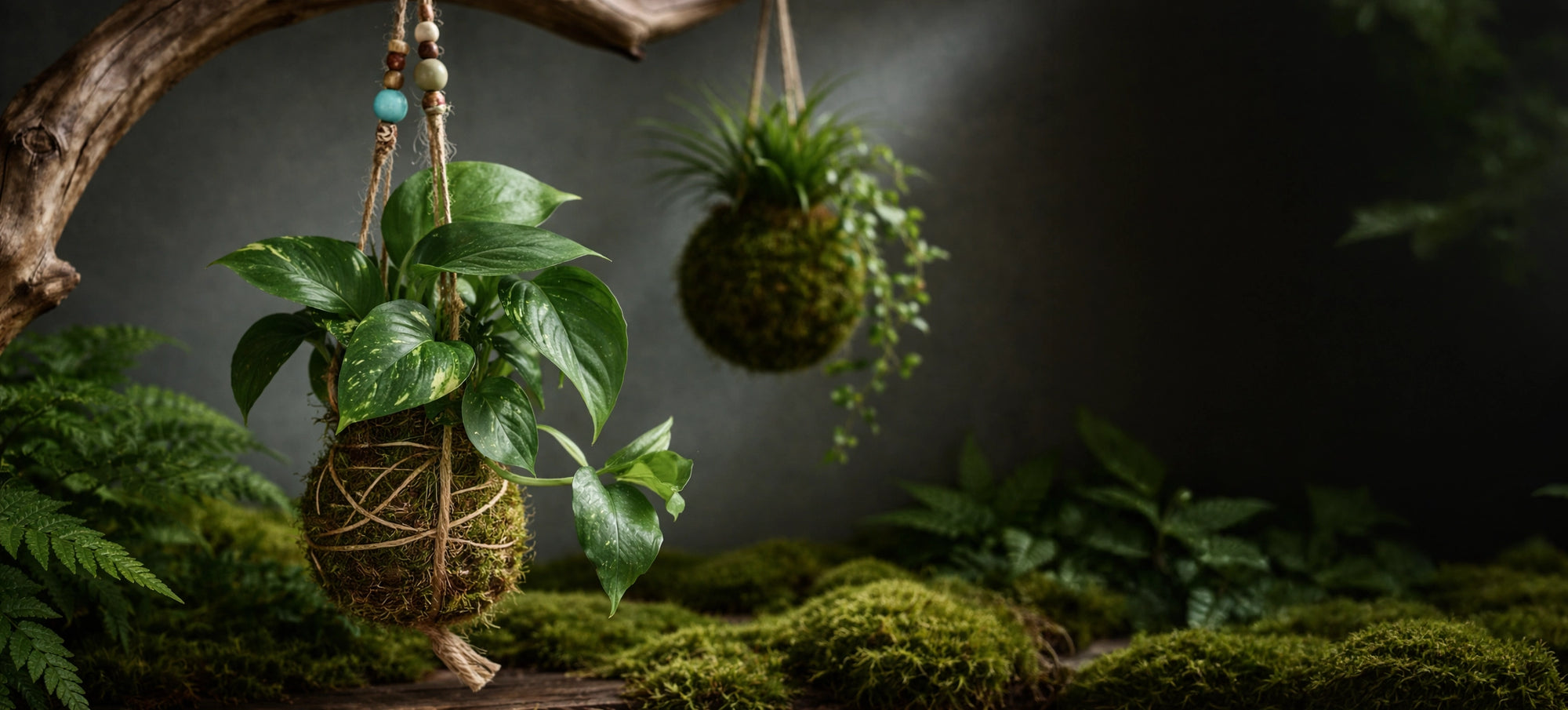 Mossy Buddy kokedama hanging plant with moss ball and pothos foliage from the Moss Ball Pets collection