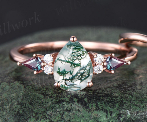 Pear green moss agate ring vintage kite alexandrite ring rose gold unique engagement ring stacking promise bridal wedding ring set women