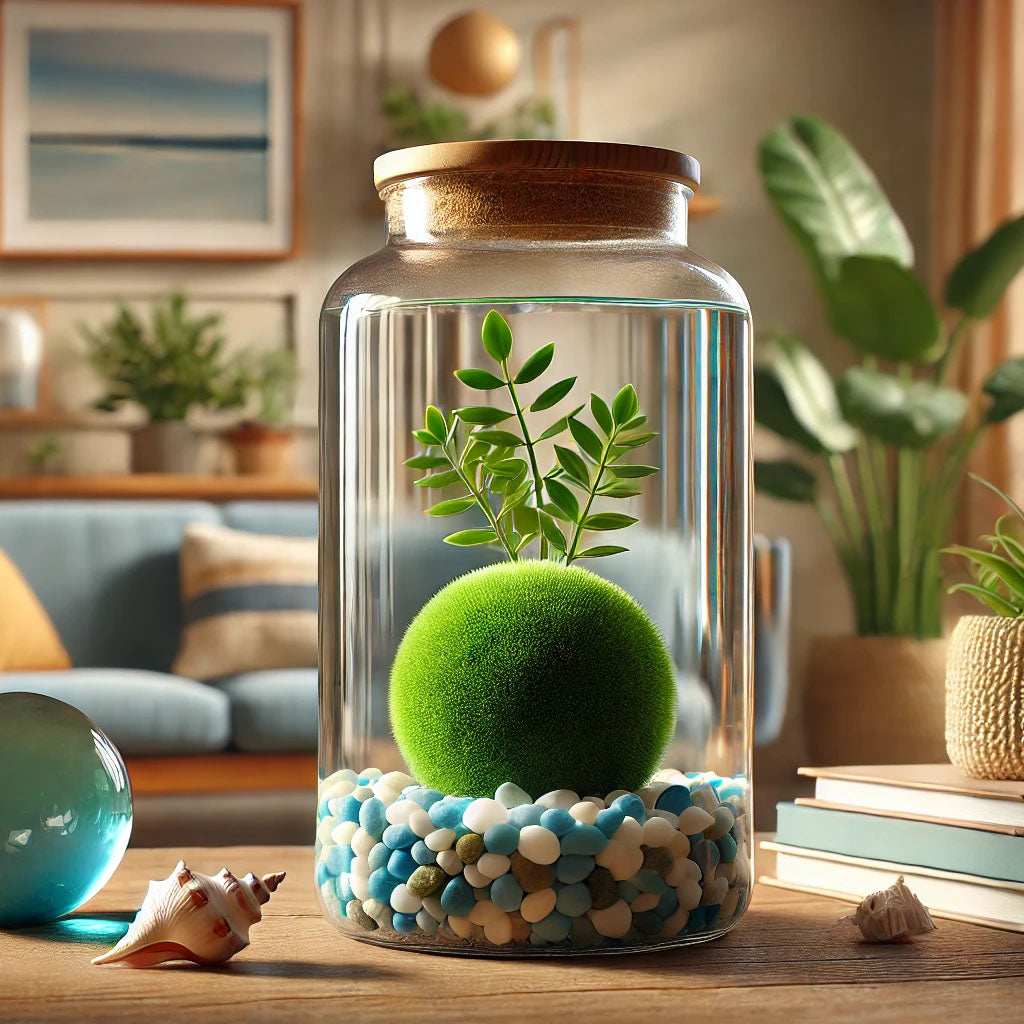 A decorative jar featuring a baby moss ball pet sitting on colorful blue and white pebbles, with a sprig of aquatic plant and a seashell for decoration. The jar has a polished blue gemstone sphere lid and is set in a cozy home environment with houseplants, books, and warm natural tones in the background.