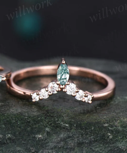 1.5ct Unique kite cut moss agate engagement ring set marquise cut moss agate ring vintage rose gold 6 prong diamond wedding ring set women