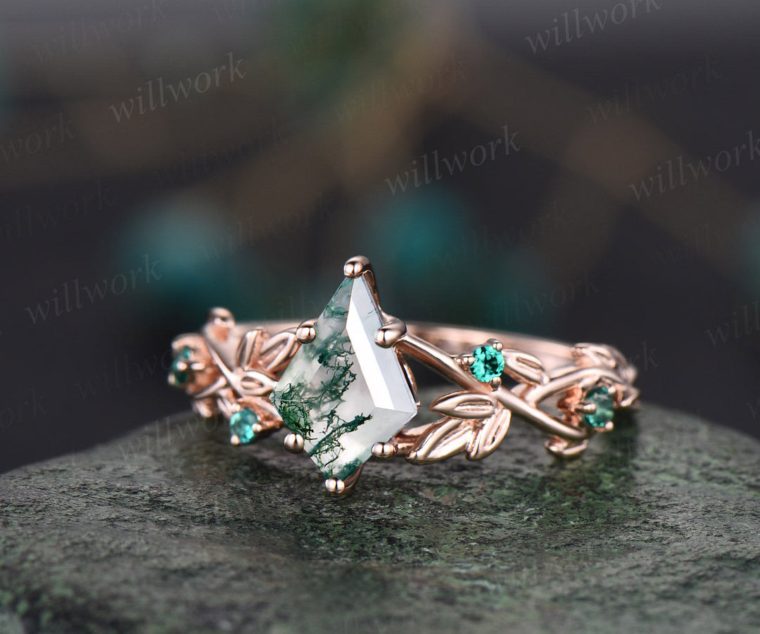 Twig moss agate ring vintage kite cut moss agate engagement ring nature inspired white gold ring leaf emerald ring women unique wedding ring