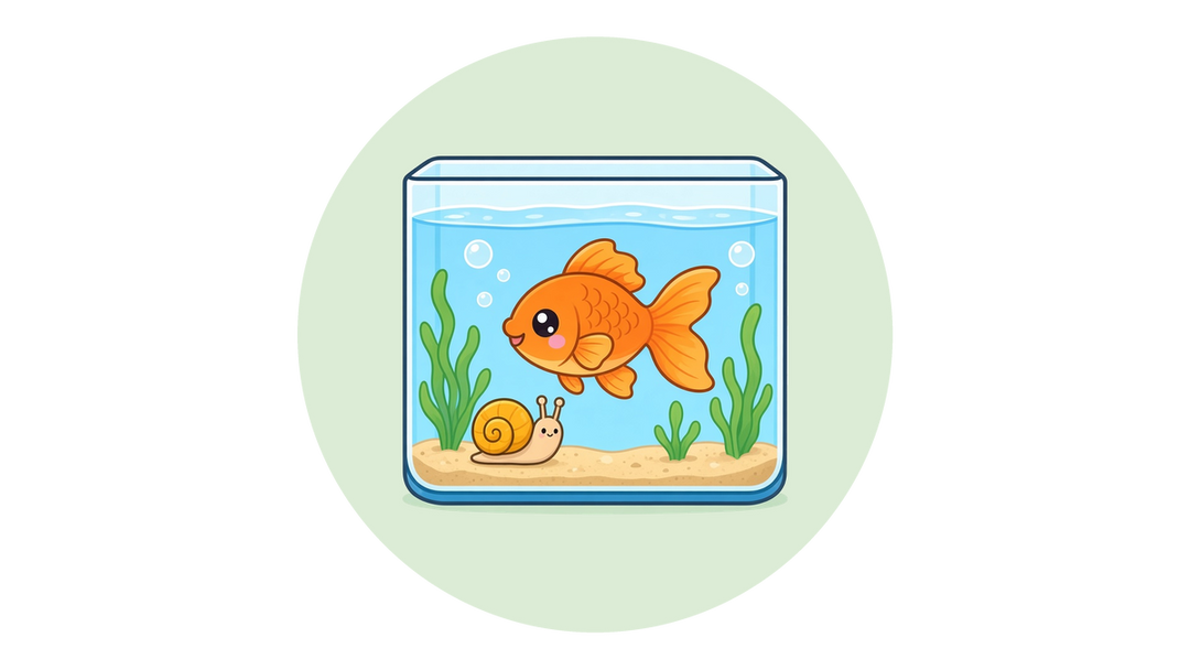 Cartoon illustration of a small aquarium with fish and a snail, a popular class pet setup