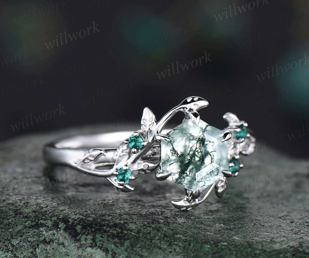 Natural moss agate engagement ring unique hexagon cut moss agate art deco emerald ring leaf twig band promise ring for women anniversary gifts