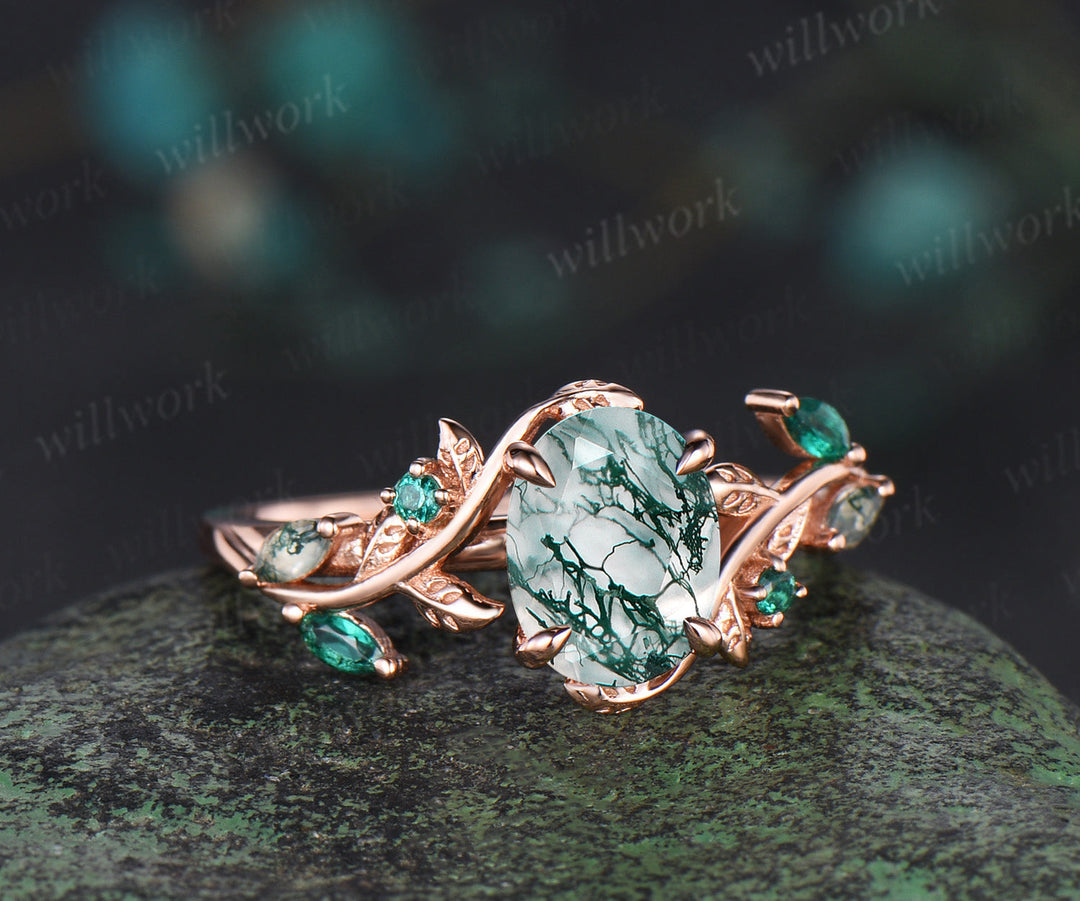 Oval cut moss agate ring rose gold leaf moss agate ring vintage branch Nature Inspired unique Engagement Ring women jewelry