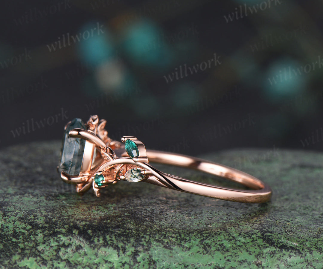 Oval cut moss agate ring rose gold leaf moss agate ring vintage branch Nature Inspired unique Engagement Ring women jewelry