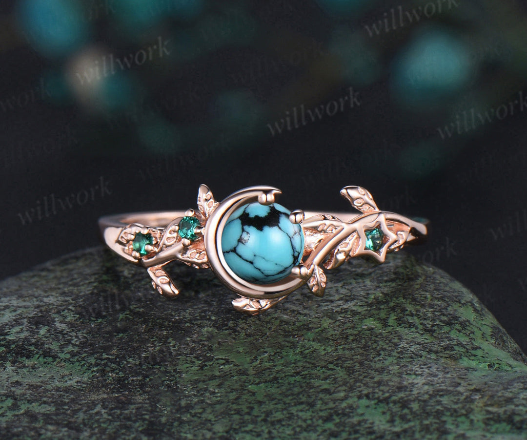 Vintage round Turquoise engagement ring rose gold leaf star moon emerald moss agate bridal anniversary ring set women jewelry