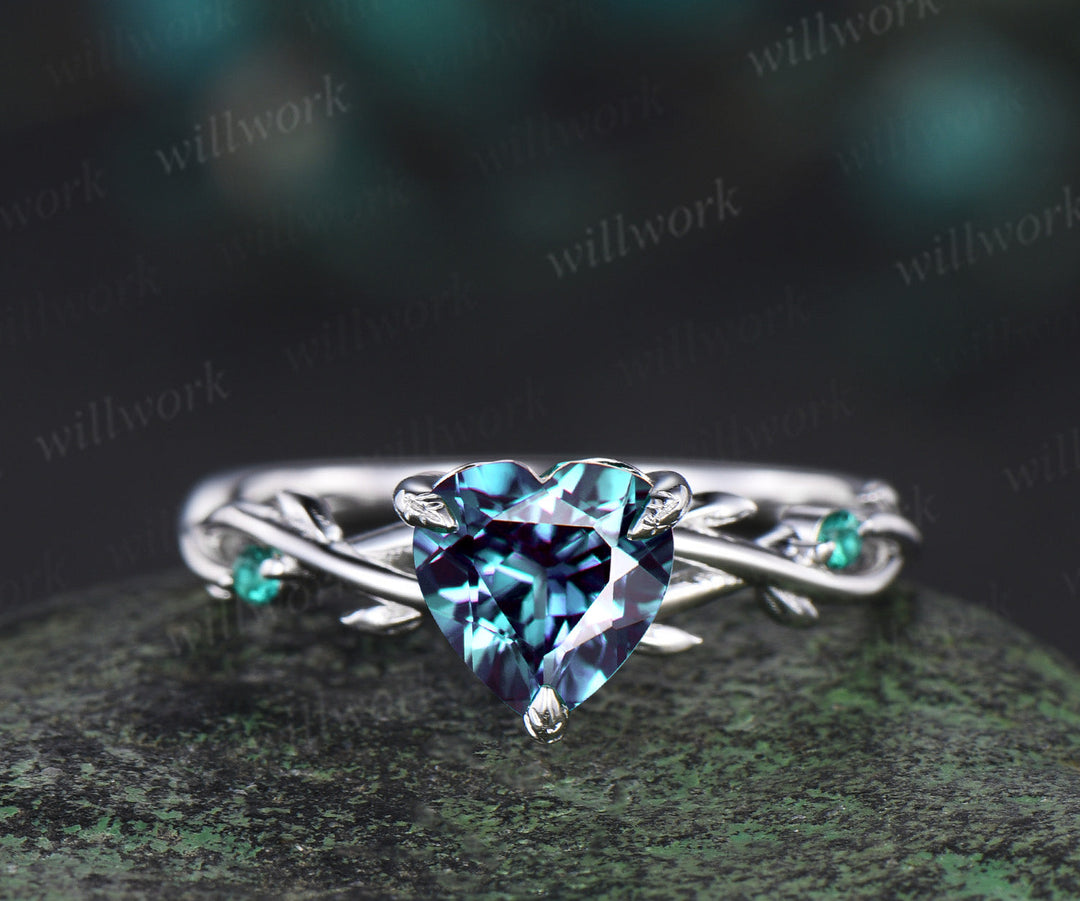 Vintage heart alexandrite engagement ring set 14k white gold leaf branch moss agate ring women unique wedding anniversary gift