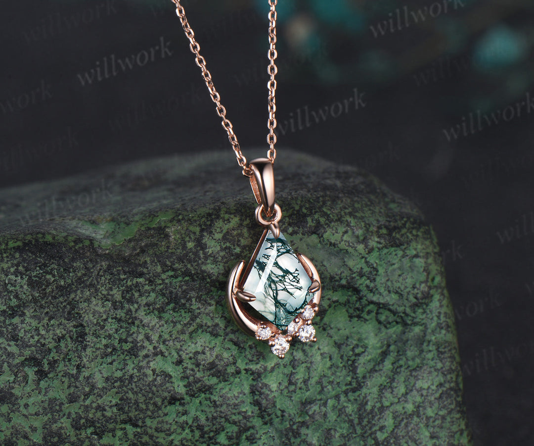 Vintage kite cut moss agate necklace rose gold cluster moon snowdrift diamond pendant women July birthstone anniversary gift