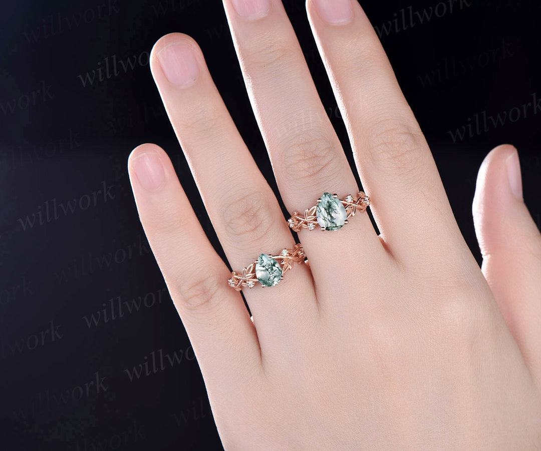 Twig pear shaped moss agate engagement ring set rose gold five stone leaf branch Nature inspired ring diamond wedding ring set women jewelry