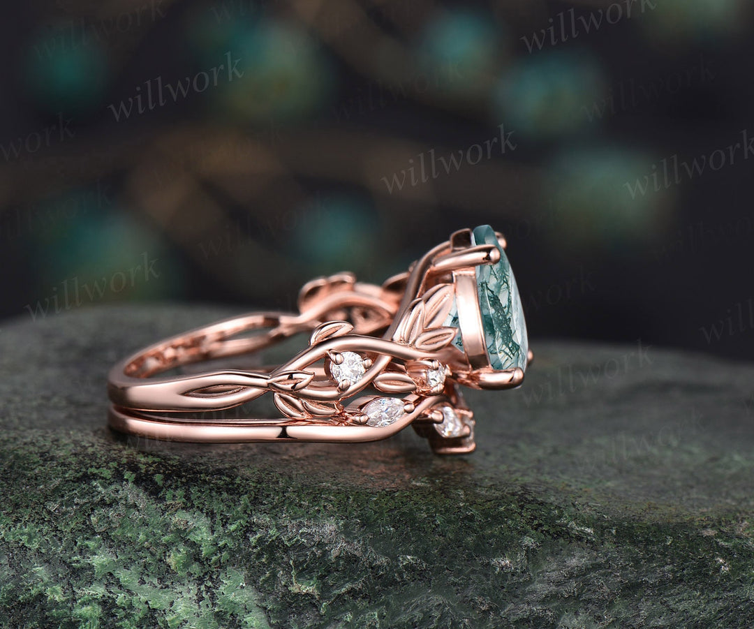 Twig pear shaped moss agate engagement ring set rose gold five stone leaf branch Nature inspired ring diamond wedding ring set women jewelry