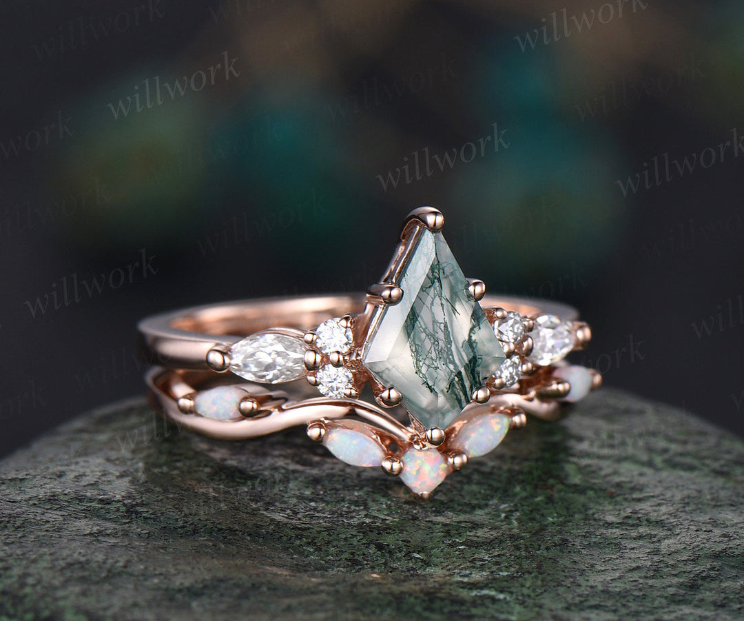 Kite cut green moss agate engagement ring 14k rose gold marquise cut ring diamond opal ring women unique anniversary ring set jewelry gift