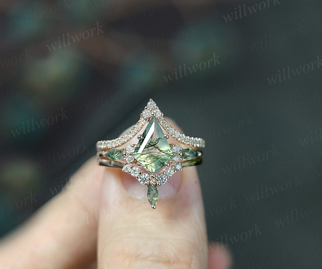 1.5ct Unique kite cut moss agate engagement ring set marquise cut moss agate ring vintage rose gold 6 prong diamond wedding ring set women