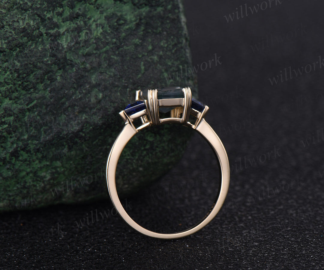 Emerald cut green moss agate ring 14k yellow gold Trilliant sapphire ring three stone unique engagement ring Minimalist wedding ring women