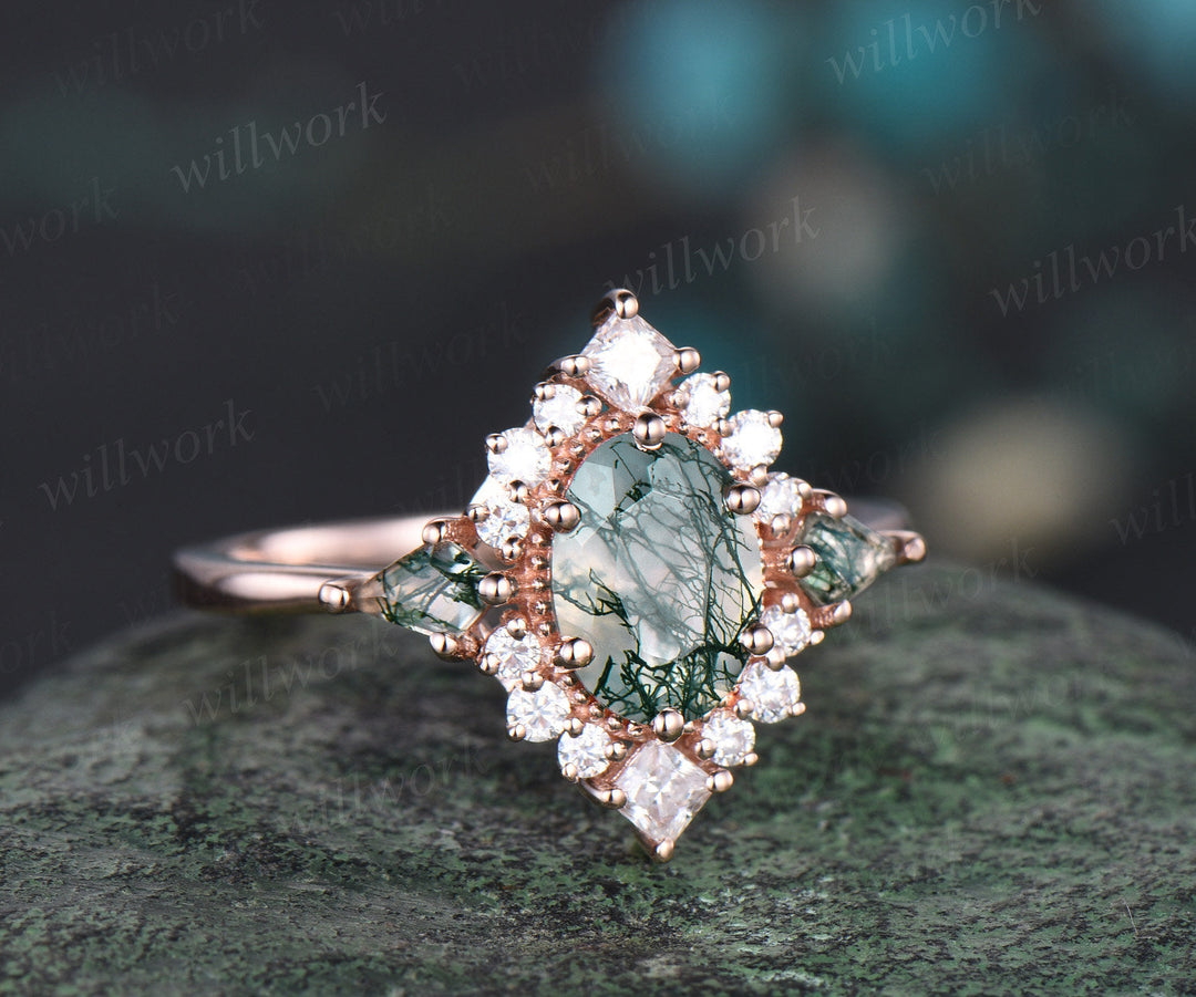 Vintage oval moss agate engagement ring 14k rose gold halo princess diamond ring kite moss agate ring women retro wedding anniversary ring