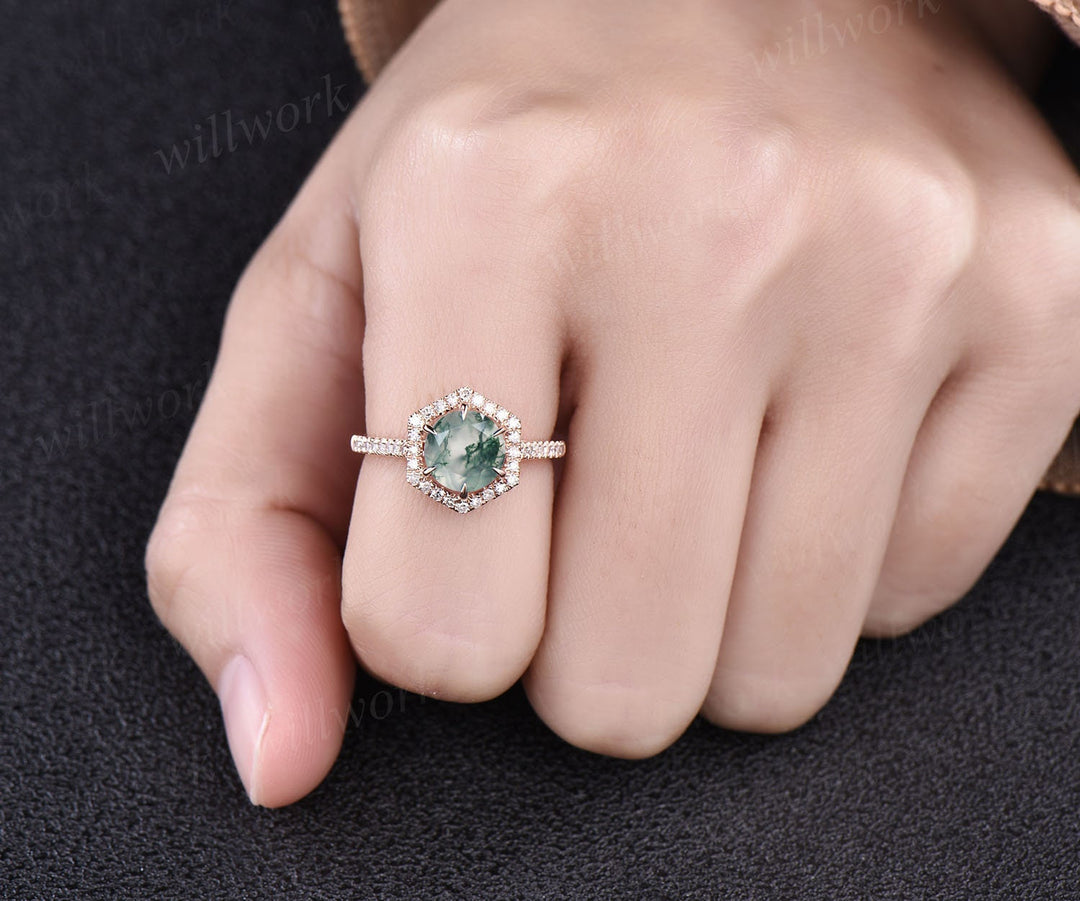 Hexagon halo diamond ring round shaped Moss agate engagement ring solid rose gold ring eternity ring women dainty jewelry anniversary gift