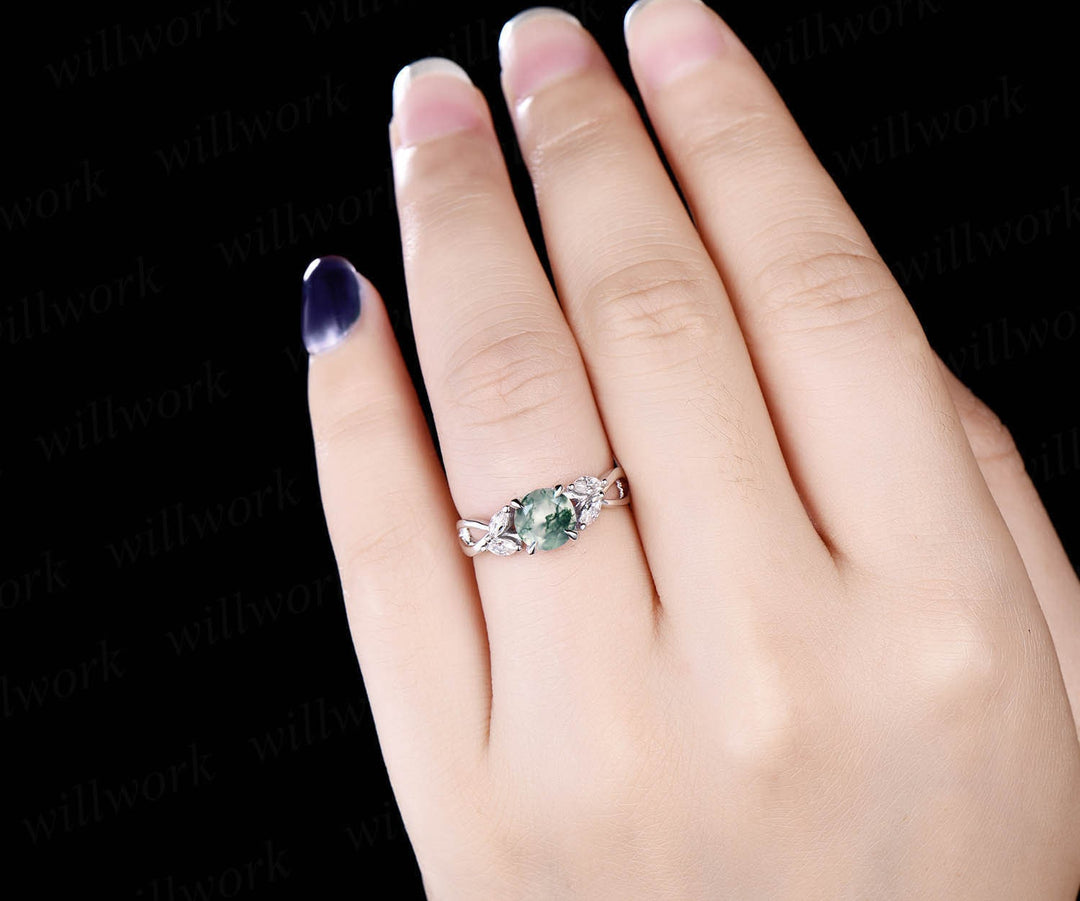 Round moss agate ring vintage moss agate engagement ring white gold for women art deco moissanite ring marquise ring wedding promise ring